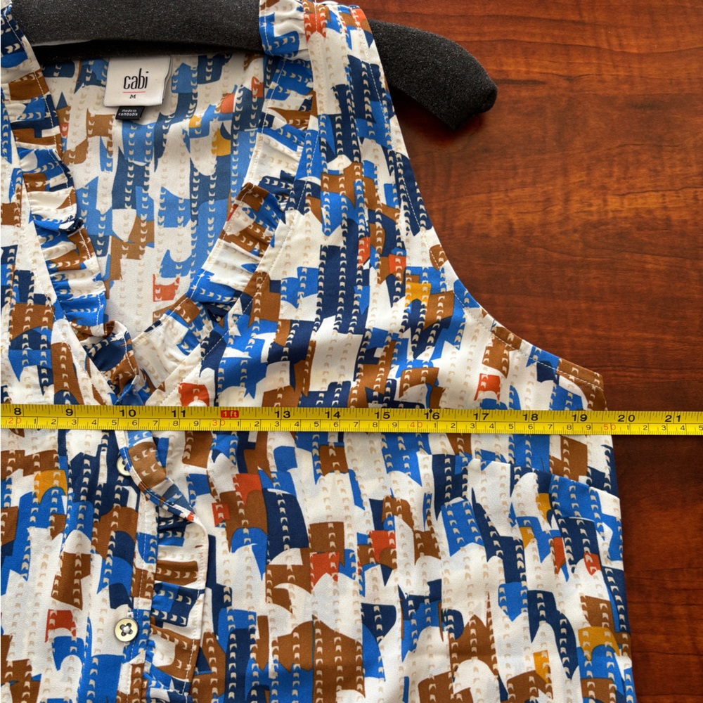 CAbi Jigsaw Top Blue and Brown Geometric Sleeveless Blouse - Picture 7 of 8